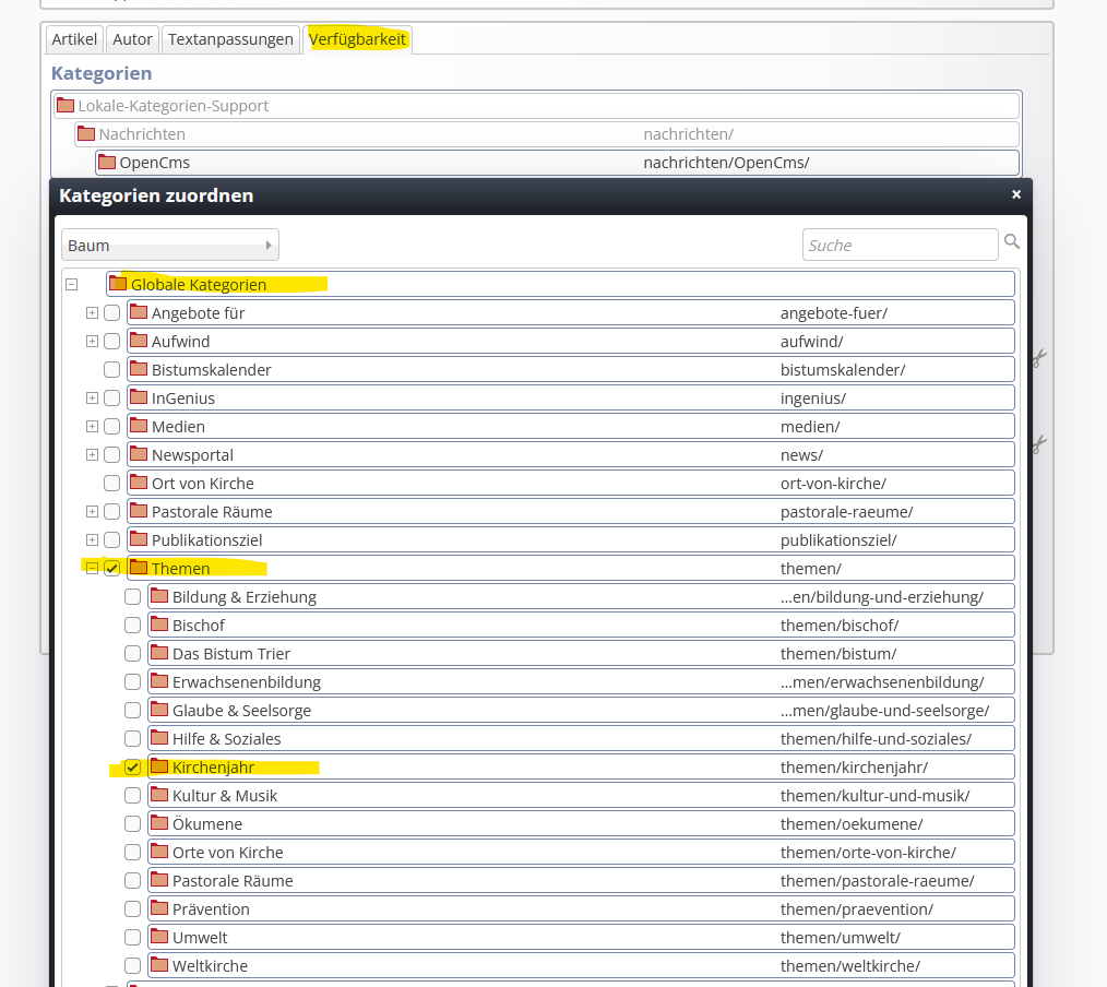 Screenshot zu den Kategorien