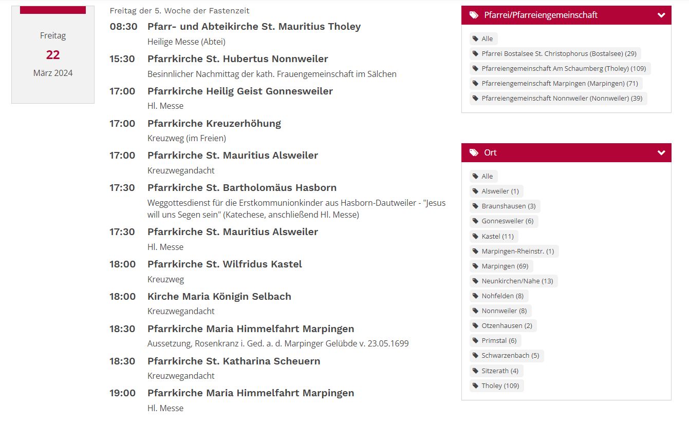 Screenshot der Filtermöglichkeiten nach Import der Gottesdienste aus Ingenius