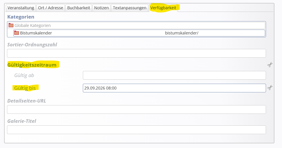 Den Gültigkeitszeitraum einer Veranstaltung geben Sie unter dem Reiter 'Verfügbarkeit' an.