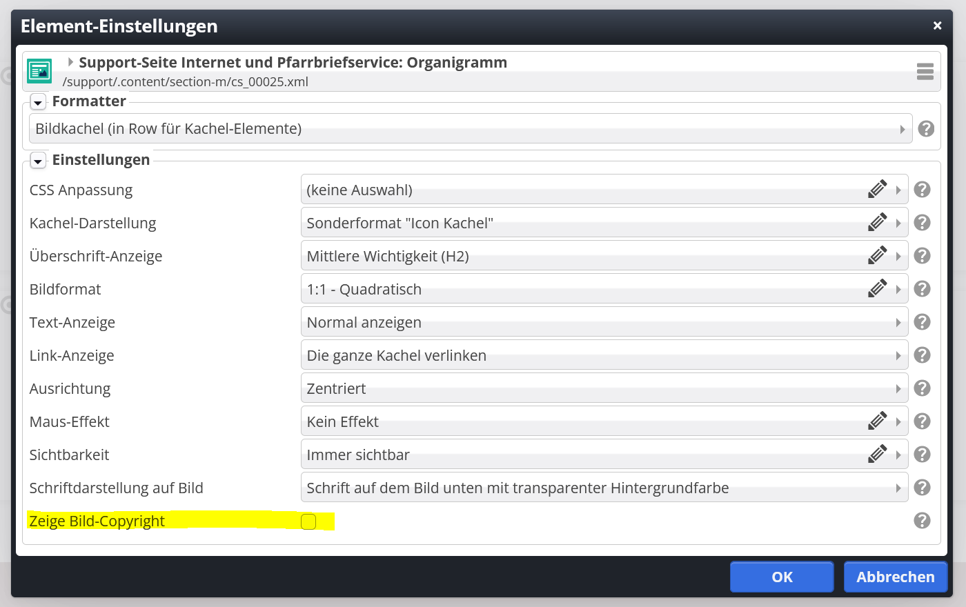 Entfernen Sie das Häkchen bei 'Copyright anzeigen'