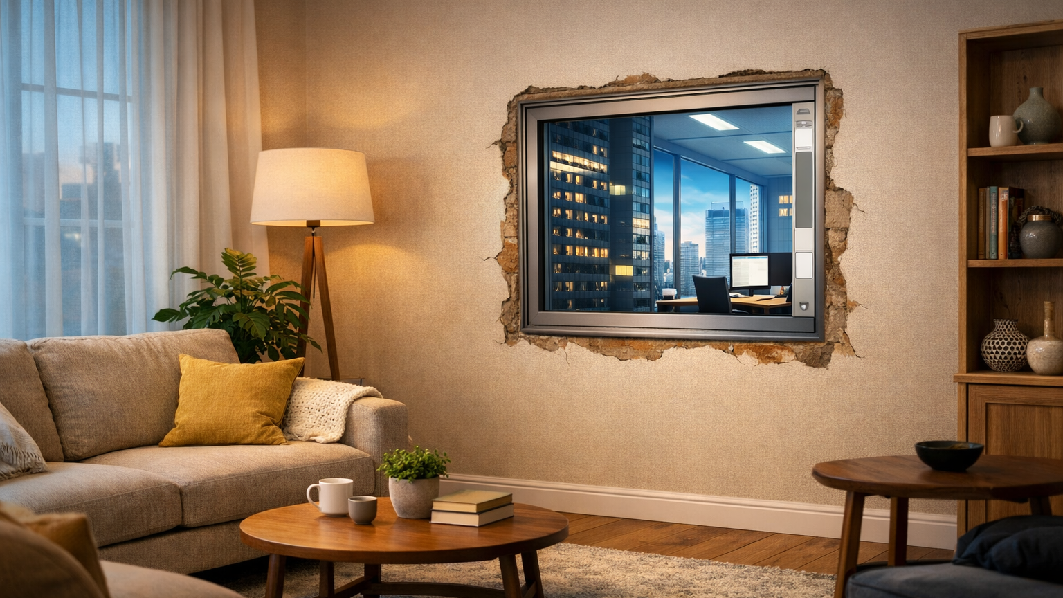 Blick auf ein gemütliches Wohnzimmer. In der Wand sieht man ein unpassendes falsches Fenster mit einer Art Scrollbalken.