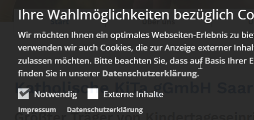 Man sieht einen Ausschnitt des Cookie-Banners. Angezeigt zur Auswahl wird lediglich 'notwendig' und 'externe Inhalte'.