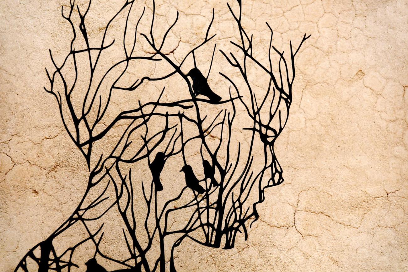 Ein aus Ästen geformetes gesicht mit Vögeln in den Zweigen.