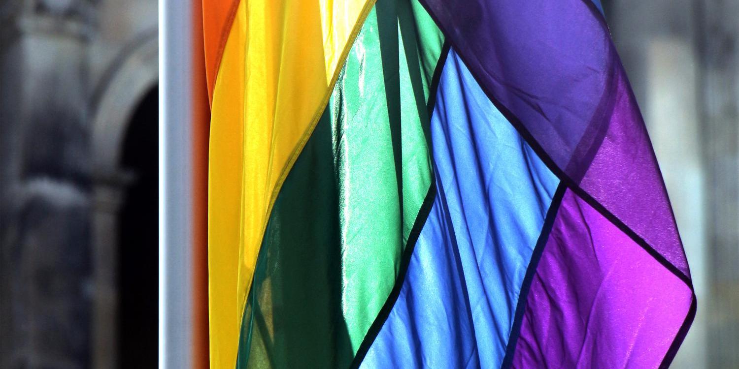 Eine Regenbogenfahne vor einem alten Gemäuer