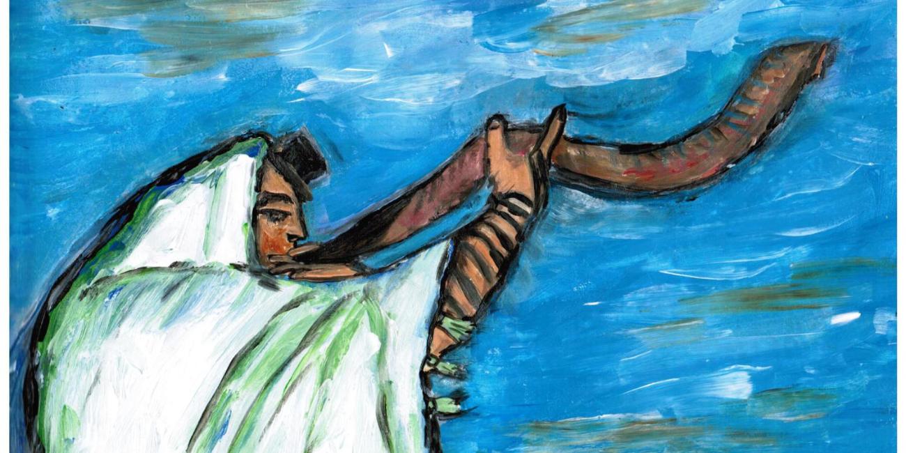 Auf dem Gemälde ist ein Mann zu sehen, der in ein Widderhorn bläst