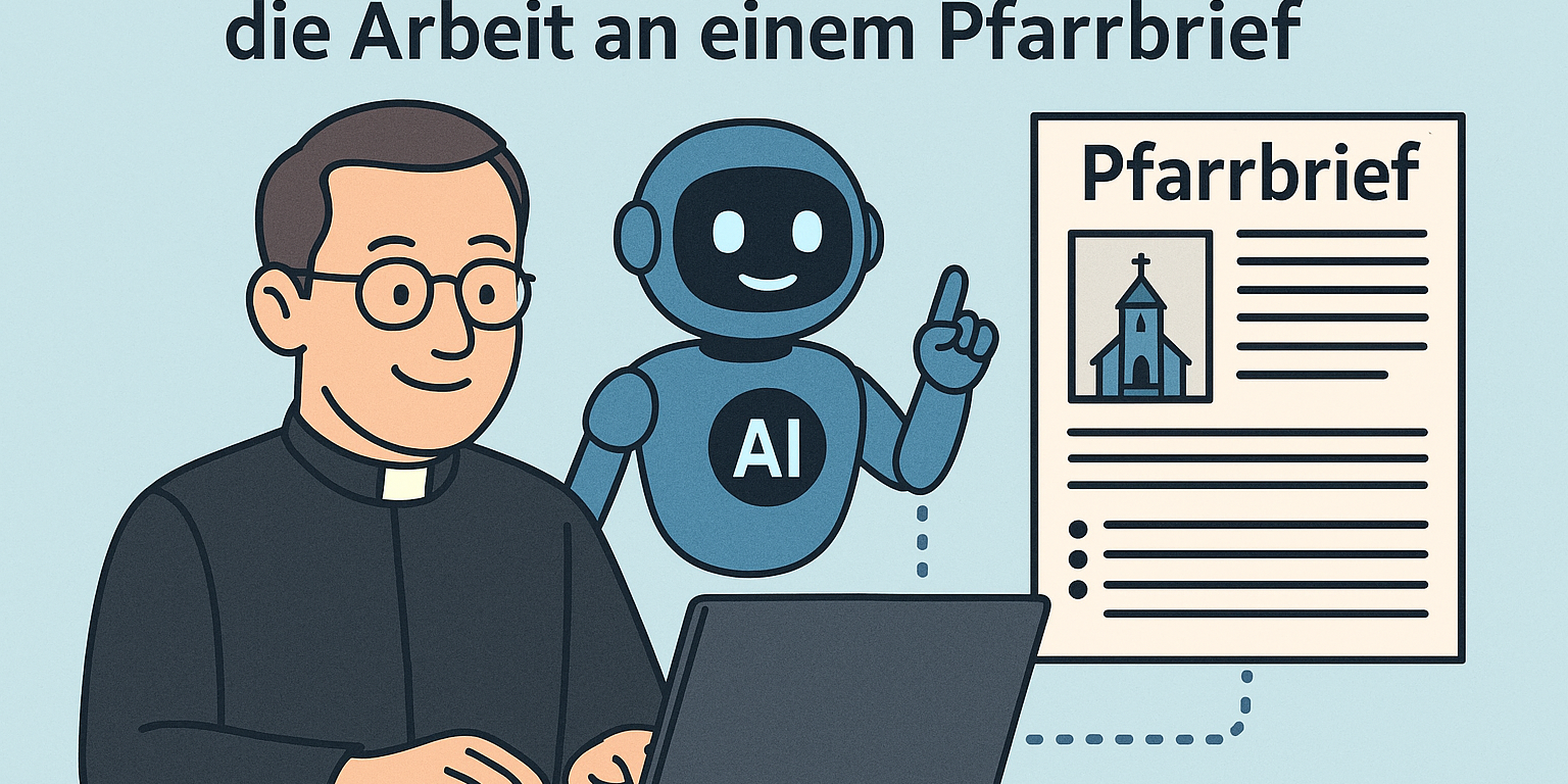 Eine Pfarrer stellt mit Hilfe eines Roboters einen Pfarrbrief