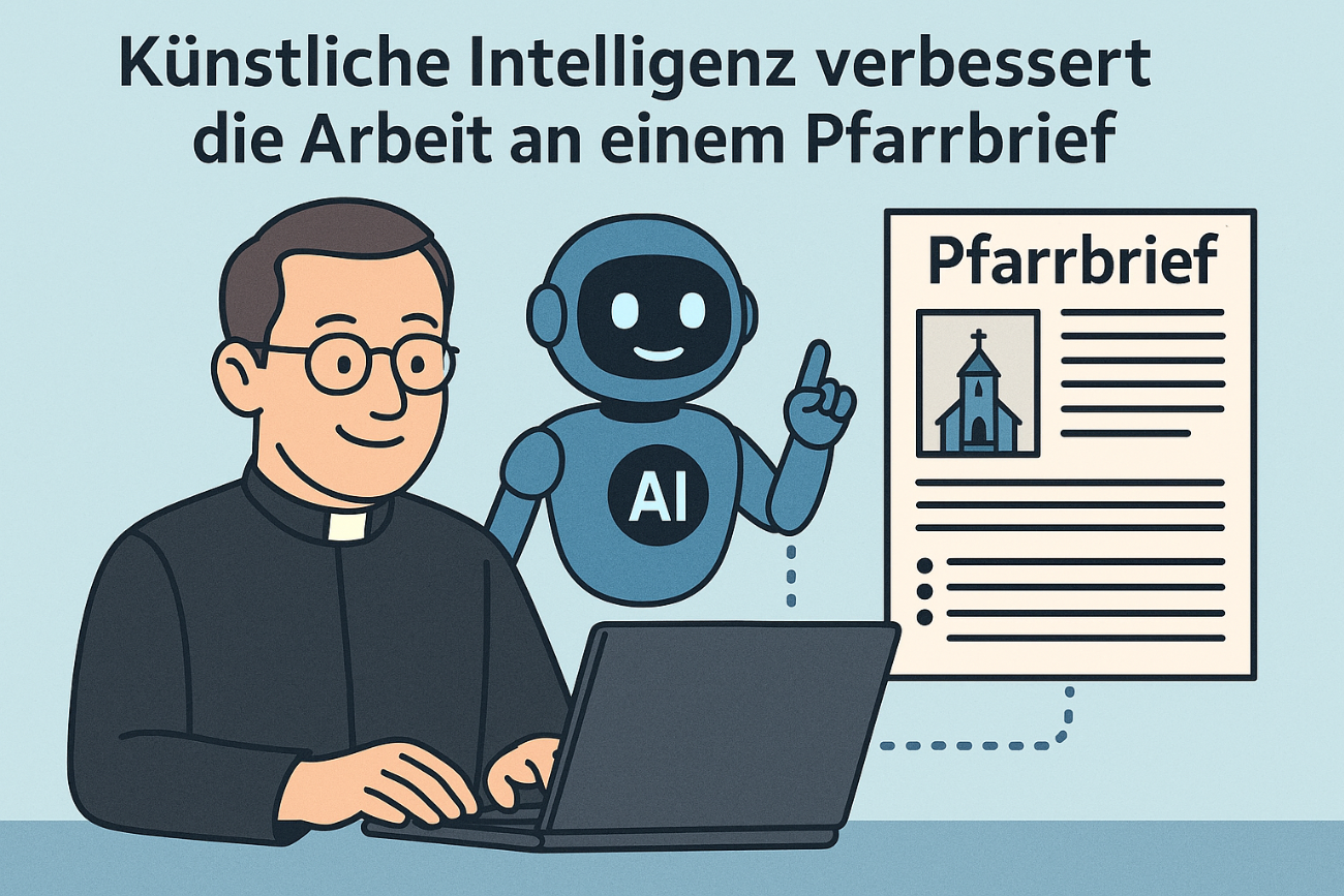 Eine Pfarrer stellt mit Hilfe eines Roboters einen Pfarrbrief