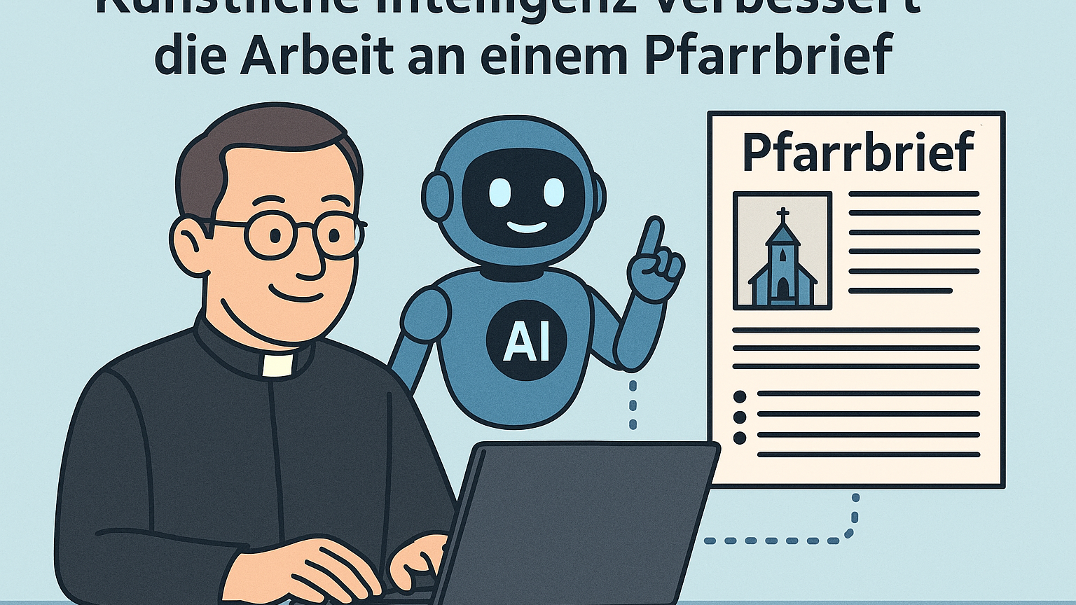 Eine Pfarrer stellt mit Hilfe eines Roboters einen Pfarrbrief