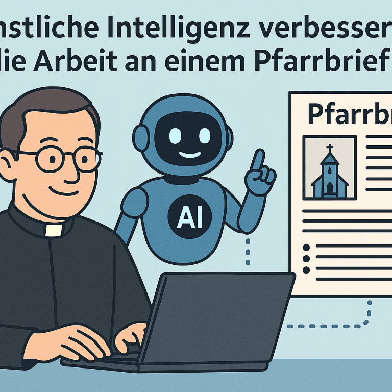 Eine Pfarrer stellt mit Hilfe eines Roboters einen Pfarrbrief