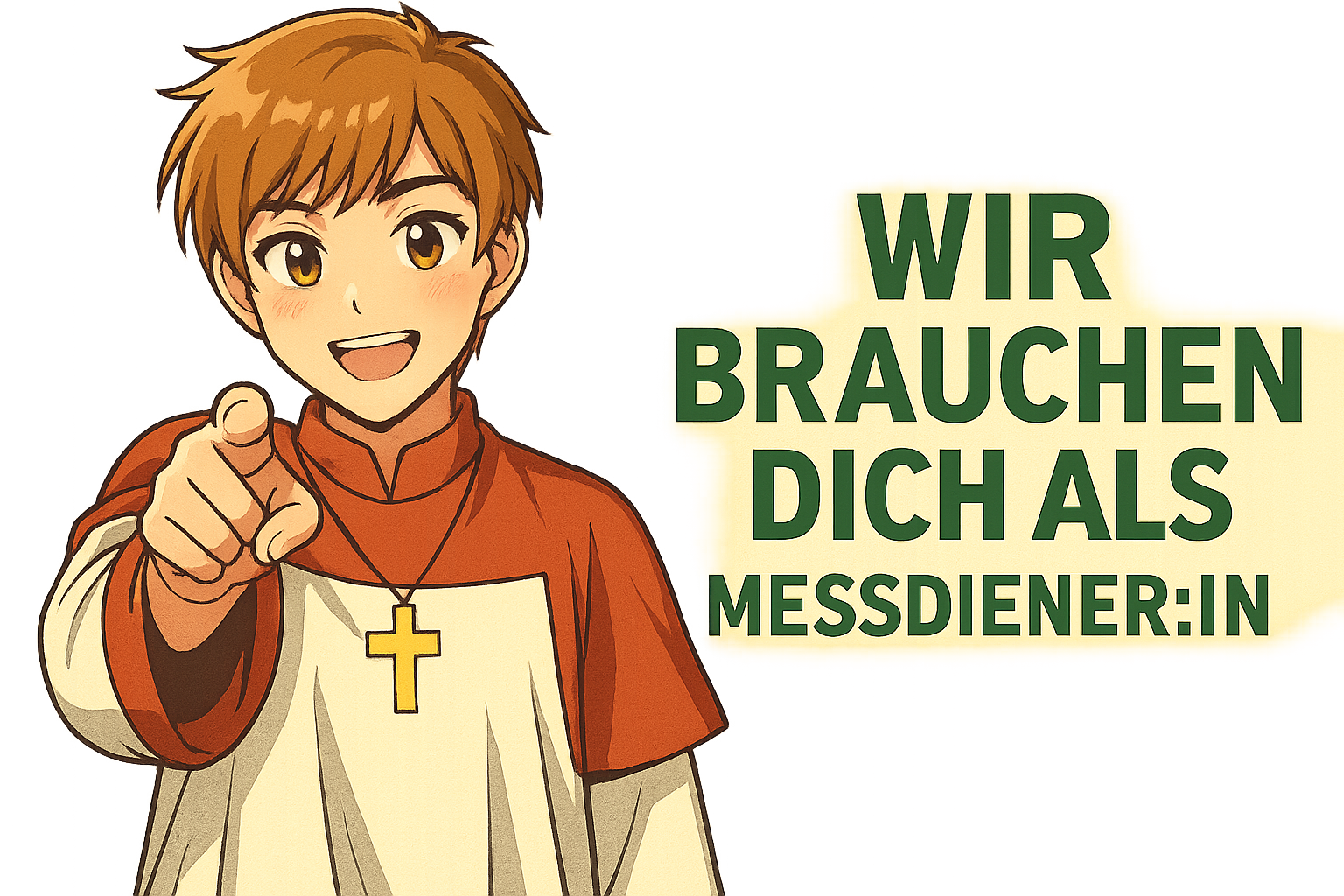 Ein Messdiener zeigt auf den Betrachter und fordert ihn auf sich als Messdiener zu engagieren.