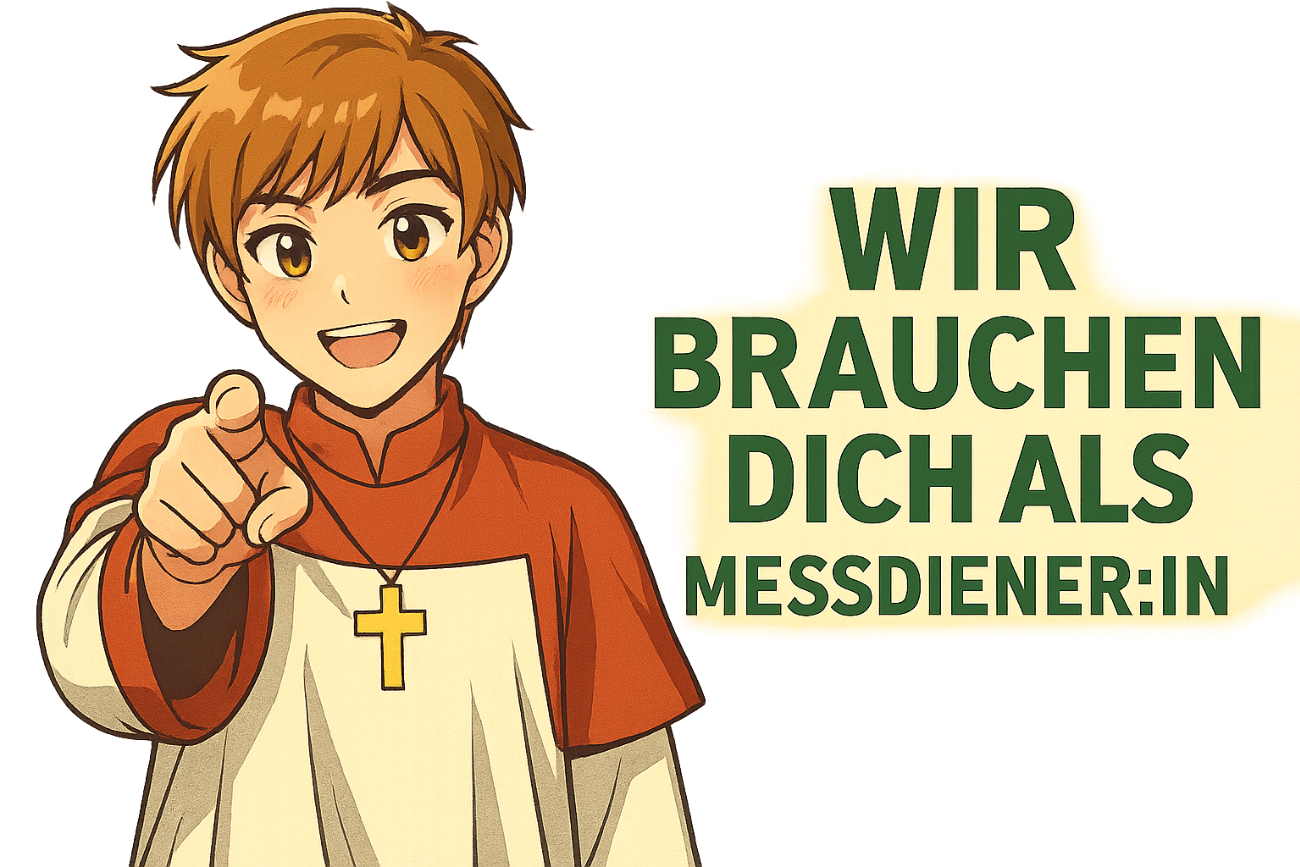 Ein Messdiener zeigt auf den Betrachter und fordert ihn auf sich als Messdiener zu engagieren.