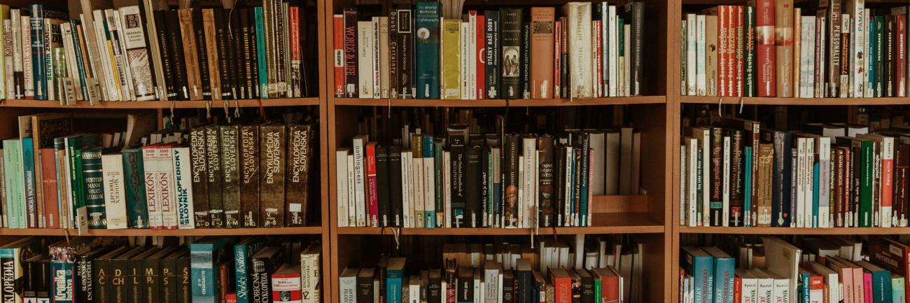 Braunes Bücherregal aus Holz mit Büchern.
