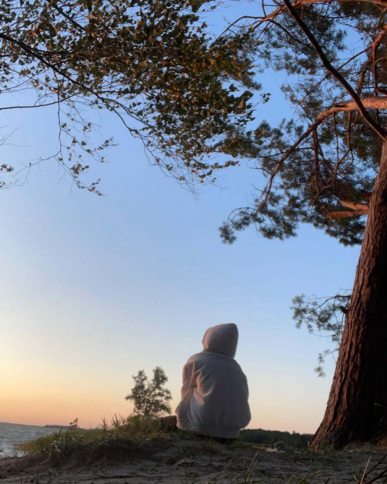 Person mit Kapuzenpulli sitzt unter Bäumen und schaut auf einen Sonnenuntergang am Wasser.