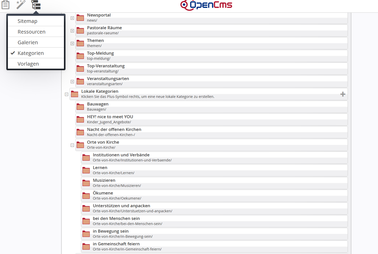 Der Screenshot aus dem Backend des Pastoralen Raums Tholey zeigt die Kategorien. Über einen Klick auf das '+' können neue Kategorien angelegt werden.