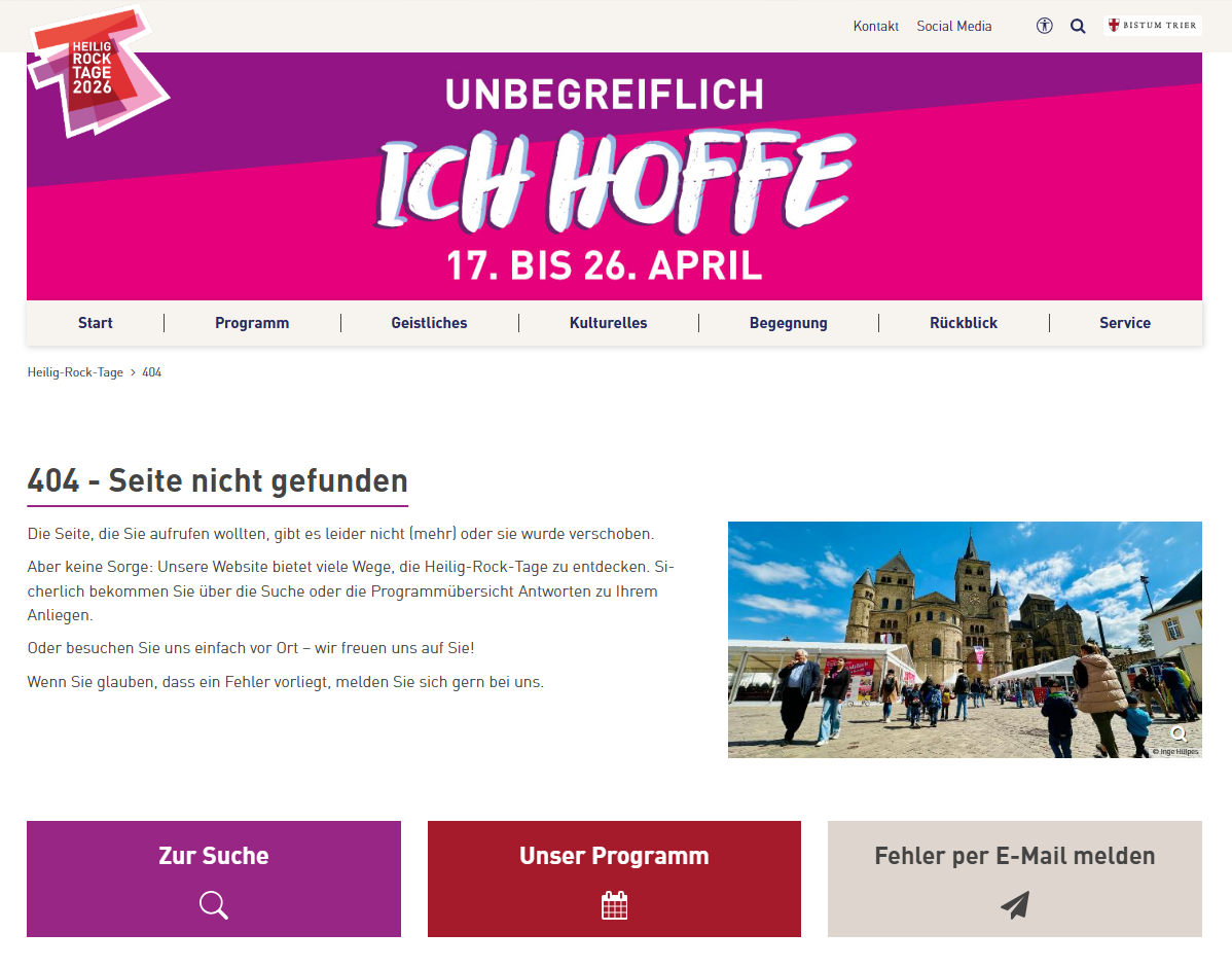 Beispiel für eine 404-Seite. Hier die der Heilig-Rock-Tage