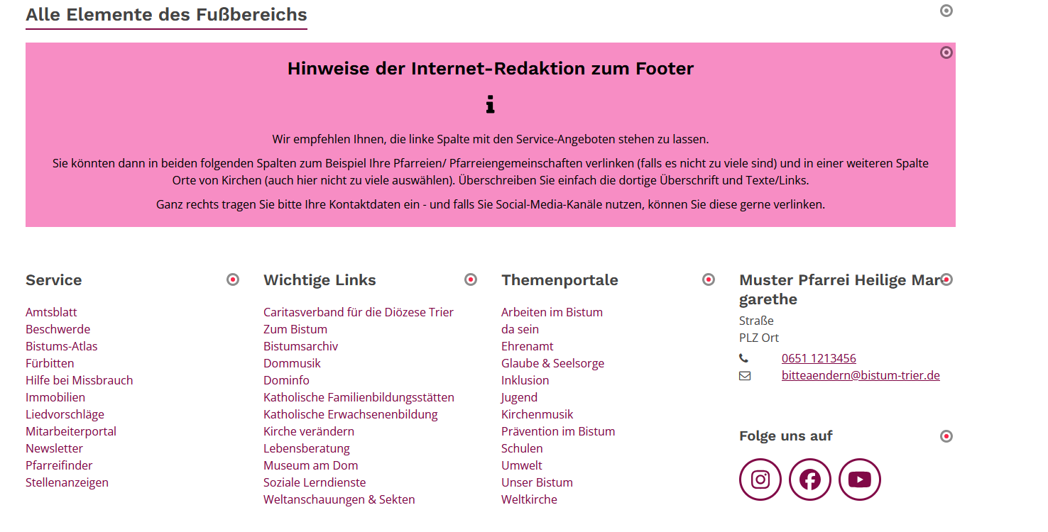 So sehen die Verknüpfungen zum Fußbereich auf der Layout-Seite aus. Die Farbe des Hinweiskästchens ist abhängig von Ihrer Farbeinstellung.