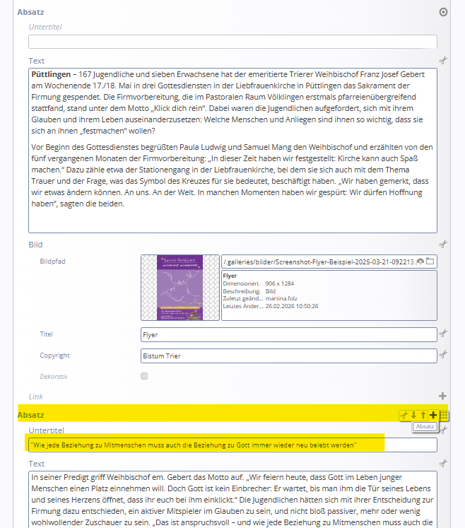 Screenshot Absatz mit Zwischenüberschrift