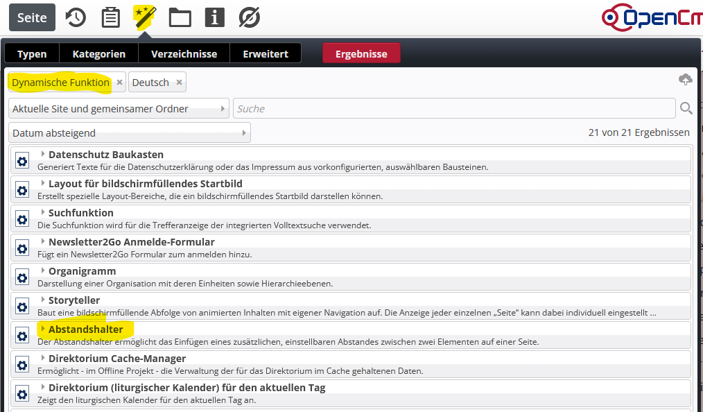 Klicken Sie erst auf den Zauberstab, dann auf 'Fortgeschrittene Elemente' und dann auf 'Dynamische Funktion'.