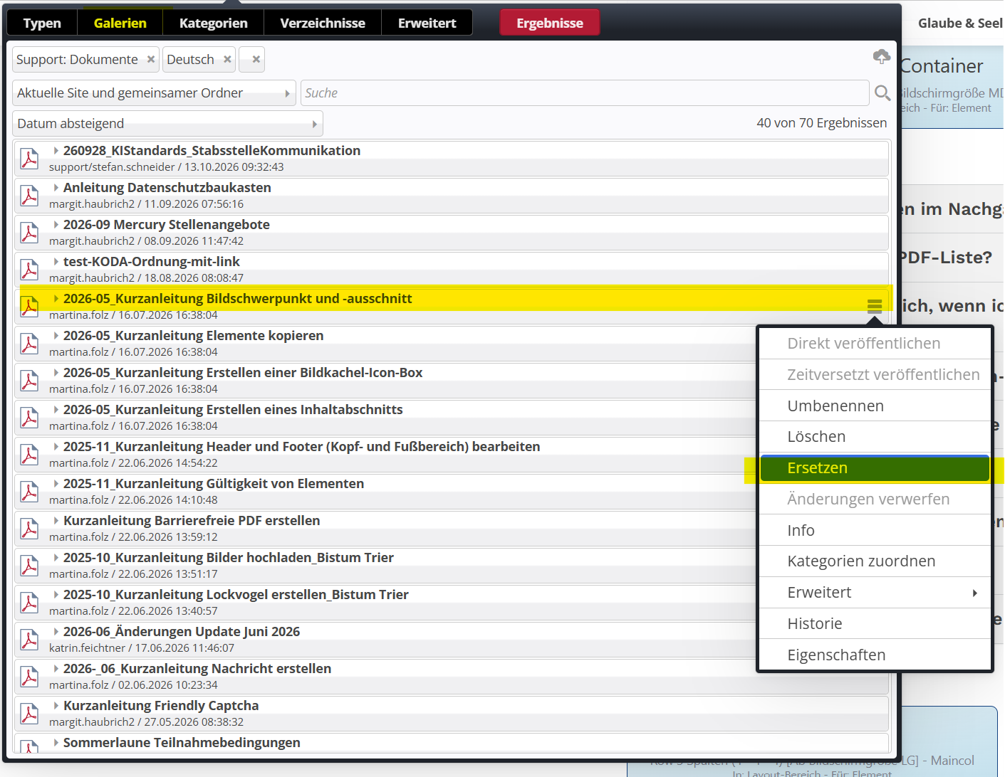 Screenshot PDF ersetzen (c) Screenshot OpenCms Screenshot PDF ersetzen