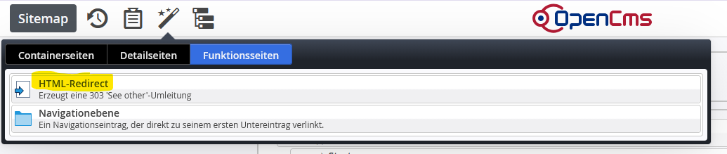 Wählen Sie im Reiter 'Funktionsseiten' HTML-Redirect aus.