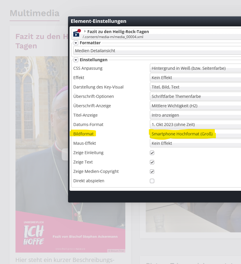 Wählen Sie in den Einstellungen als 'Bildformat' ei Smarthone-Format aus.
