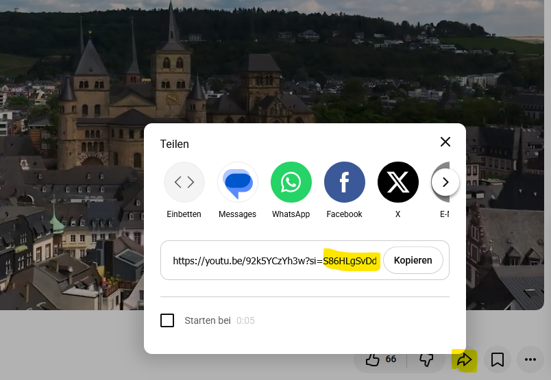 Klicken Sie unter dem Youtube-Video auf den Pfeil, um die Youtube-ID zu kopieren.