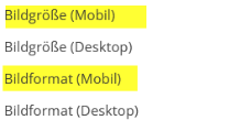Screenshot der Einstellungen. Man sieht bei Bildgröße und -format, dass die mobile Einstellung als erstes kommt.
