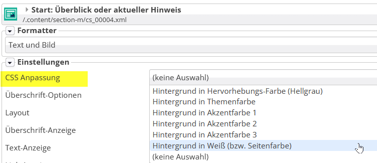 Die Auswahlmöglichkeiten der Hintergrundfarbe