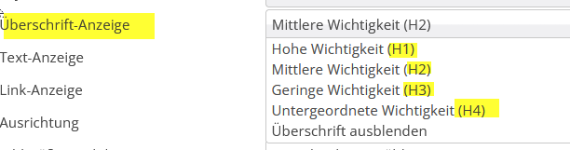 Die Überschriftenhierarchie, zu finden unter dem Einstellungsrädchen