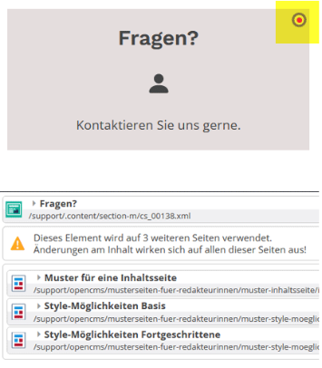 Rechts oben ist der rote Punkt zu sehen, der angibt, dass das Element noch an anderer Stelle verwendet wird. Sobald man dann auf den Stift klickt, erscheint der Hinweis, wo dieses Element noch zu finden ist.