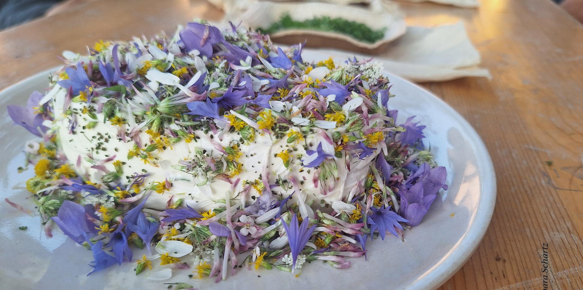 Mit Blüten von Wildblumen dekorierter Camembert