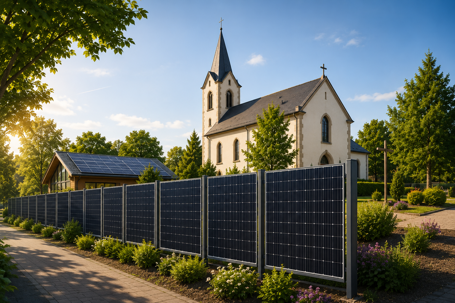 Das Kirchengrundstück mit der Kirche im Hintergrund ist zur Straße abgrenzt mit einem Solarzaun.
