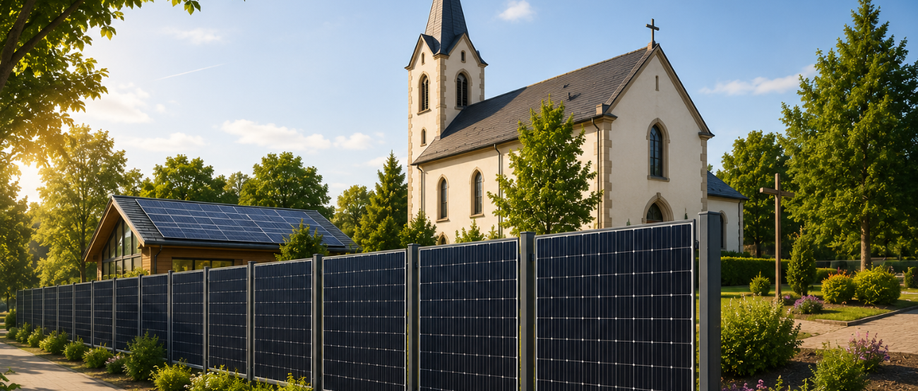 Das Kirchengrundstück mit der Kirche im Hintergrund ist zur Straße abgrenzt mit einem Solarzaun.
