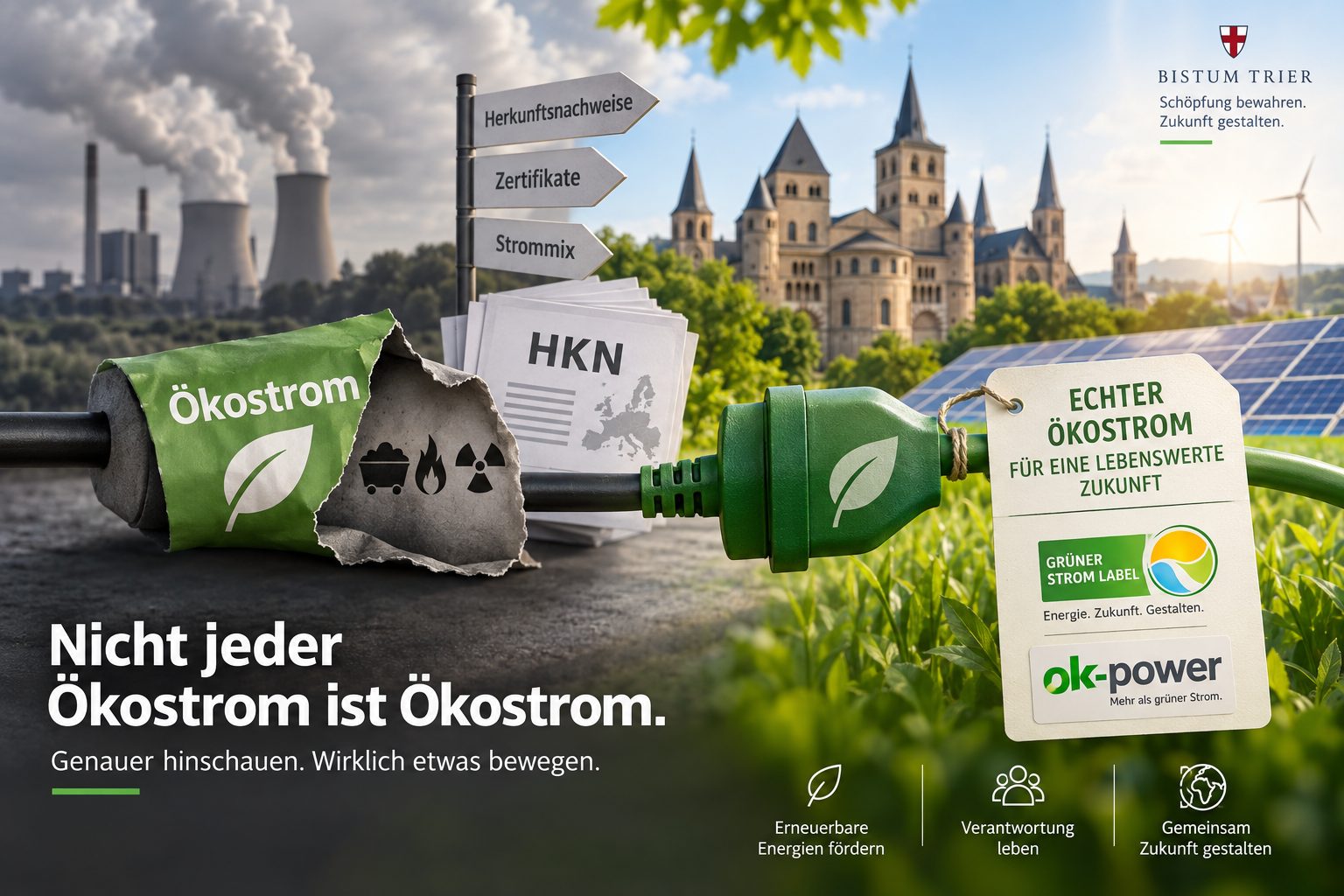 Das Foto zeigt im Hintergrund ein Sakralgebäude, davor Landschaft mit einem Wegweiser und den  Ökostrom-Labels, vorne links der Schriftzug ´Nicht jeder Ökostrom ist Ökostrom´.