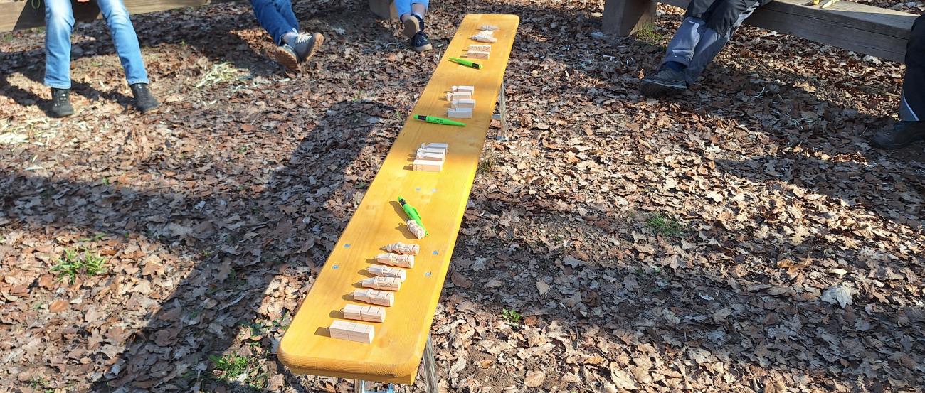 Eine Bank im Wald, auf der Schnitzwerkzeuge liegen