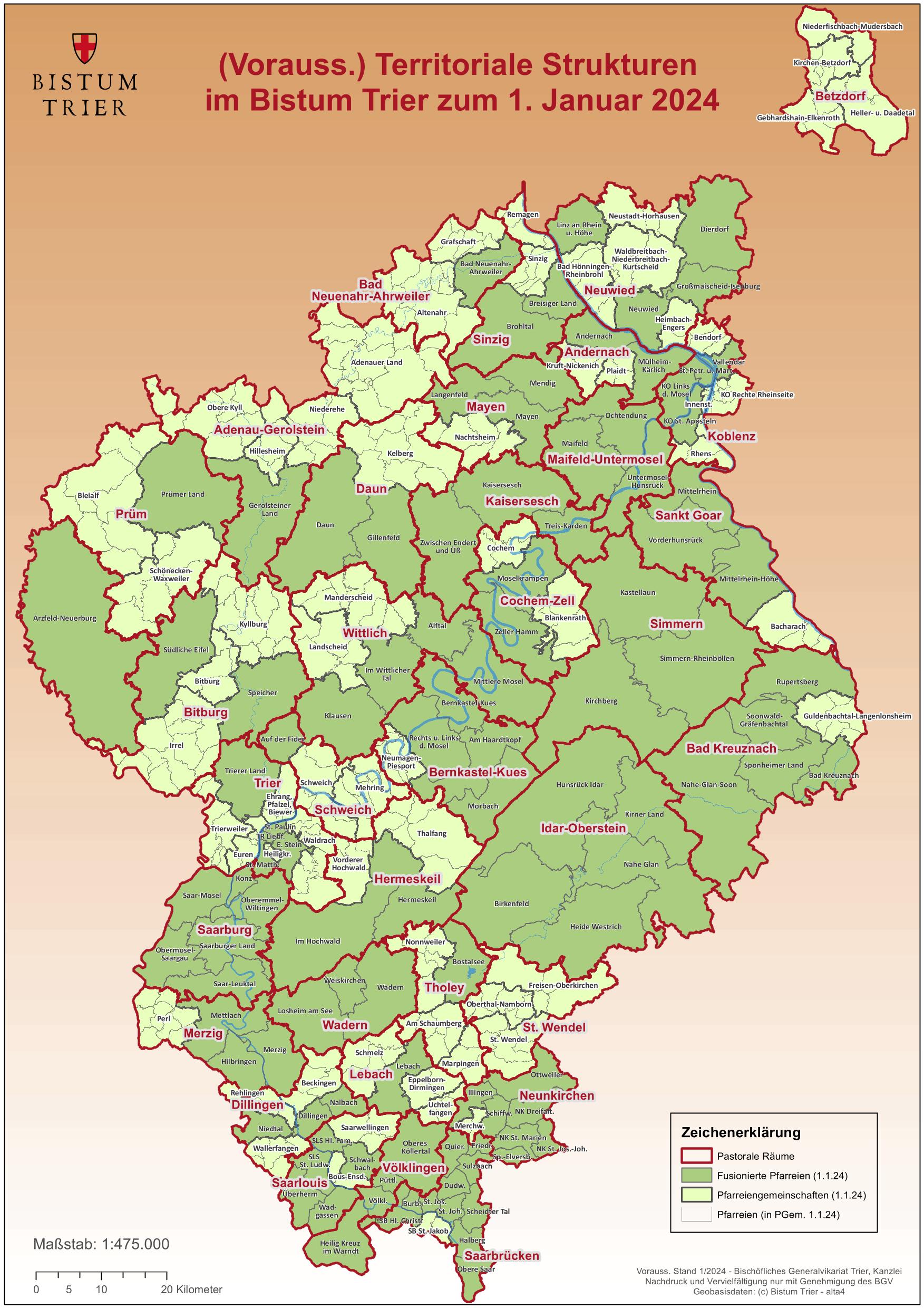 (Vorauss.) Territoriale Strukturen im Bistum Trier zum 1. Januar 2024