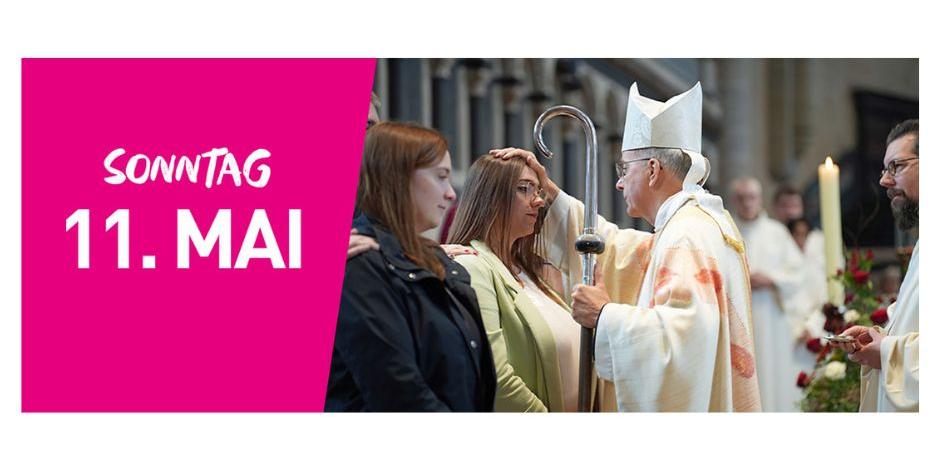 Ein Weihbischof firmt Menschen, links im Bild steht auf pinkfarbenem Hintergrund Sonntag elfter Mai