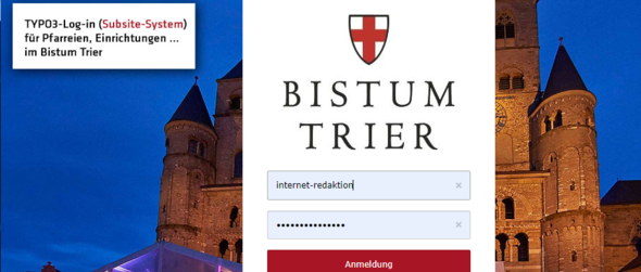 Man sieht das Log-in Fenster von Typo 3. Im Hintergrund sieht man den Trierer Dom zur blauen Stunde